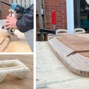 Puede incluir: Primer plano de un proyecto de carpintería en curso. Una persona está utilizando una fresadora para dar forma a una pieza de madera. La madera está sujeta a una mesa y la fresadora se está guiando a lo largo de una plantilla. La fresadora es verde y negra y la plantilla es blanca. Hay serrín en la mesa.