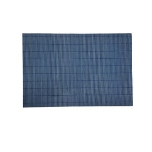 May include: A rectangular placemat made of woven blue bamboo. The placemat has a grid pattern created by the vertical and horizontal bamboo strips. The color is a muted, medium blue, suitable for a dining table setting.
