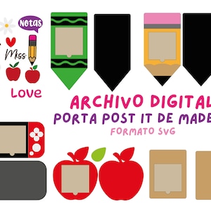 May include: A digital file for a wooden post-it note holder. The file includes a variety of designs, including a crayon, a pencil, a video game console, an apple, and a simple rectangle. The text "ARCHIVO DIGITAL" and "PORTA POST IT DE MADERA" is included in the image. The text "FORMATO SVG" is also included in the image.