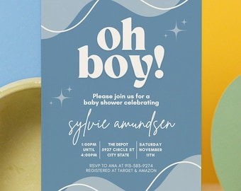 Customizable Baby Shower Invitation | Oh Boy! Baby Shower Template | Editable Canva Design | Instant Download | Blue & White Theme