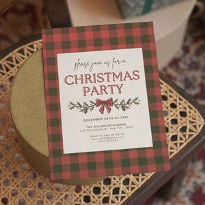 Christmas Party Invitation Template, Festive Plaid Card with Greenery, Printable Holiday Dinner Invite, Red Gift Bow, Digital Download