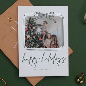 Minimalist Holiday Card Template, Editable Christmas Card with Bow, Boho Arch Happy Holidays Design, Simple Christmas Photo Card