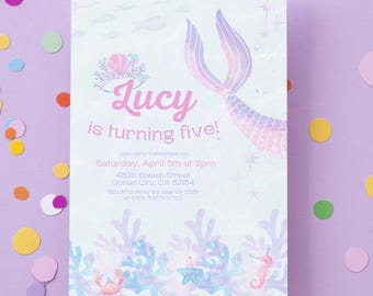 Geburtstagseinladung Mermaid Tail, unter dem Meer Ozean-Themaparty, bearbeitbare Einladungsvorlage, lila und rosa