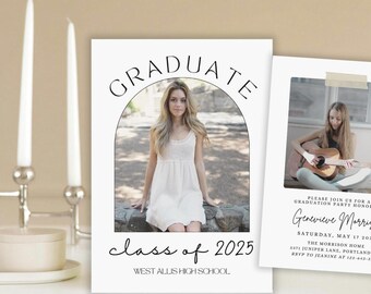 Può includere: Invito a una festa di laurea con sfondo bianco e testo nero. L'invito presenta una foto di una giovane donna con un vestito bianco e una foto di una giovane donna che suona la chitarra. Il testo recita "Graduate class of 2025 West Allis High School" e "Si prega di unirsi a noi per una festa di laurea in onore di Genevieve Morrison Sabato 17 maggio 2025 The Morrison Home 571 Juniper Lane, Portland, OR RSVP a Jeanine al 120-043-2243".
