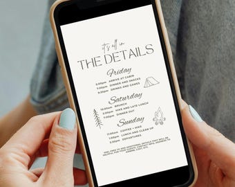 Camp Bachelorette Itinerary Template, Customizable, Last Trail Before the Veil, Summer Mountain Outdoor Party, Girls Weekend Planning, Canva