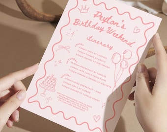 Plantilla de itinerario de fin de semana de cumpleaños, agenda de fin de semana de cumpleaños, calendario de vacaciones editable en Canva, itinerario imprimible para cumpleaños número 30, color rosa