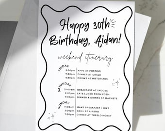 Birthday Weekend Itinerary Template, Birthday Weekend Agenda, Editable Canva Vacation Schedule, Printable 30th Birthday Itinerary