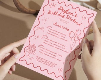 Birthday Itinerary Template, Editable Weekend Agenda, Birthday Party Vacation, Print or Share Digitally, Instant Download, Pink and Red