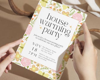 Custom Party Invitation Template, Modern Canva Invitation, House Warming Digital Evite, Flower Background