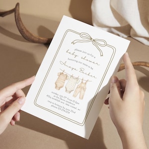 Babyshower uitnodiging, waslijn babyshower uitnodigingskaart, boho strik uitnodiging, bewerkbare sjabloon, afdrukken of digitaal delen