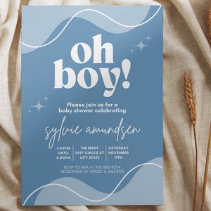 Minimalist Retro Baby Shower Invitation, Editable Boy Baby Shower Invitation, Oh Boy Baby Shower Invite, Editable Instant Download
