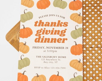 Thanksgiving Dinner Invitation Template, Editable Canva Fall Party Invite, Pumpkin Theme, Digital Download, Friendsgiving Invitation