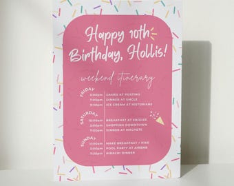 Birthday Itinerary Template, Editable Canva Weekend Agenda, Customizable, Printable, Pink Sprinkles
