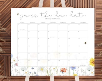 Guess the Due Date Baby Shower Game, Editable Floral Calendar Template, Baby Prediction Game, Gender Neutral Baby Shower Activity
