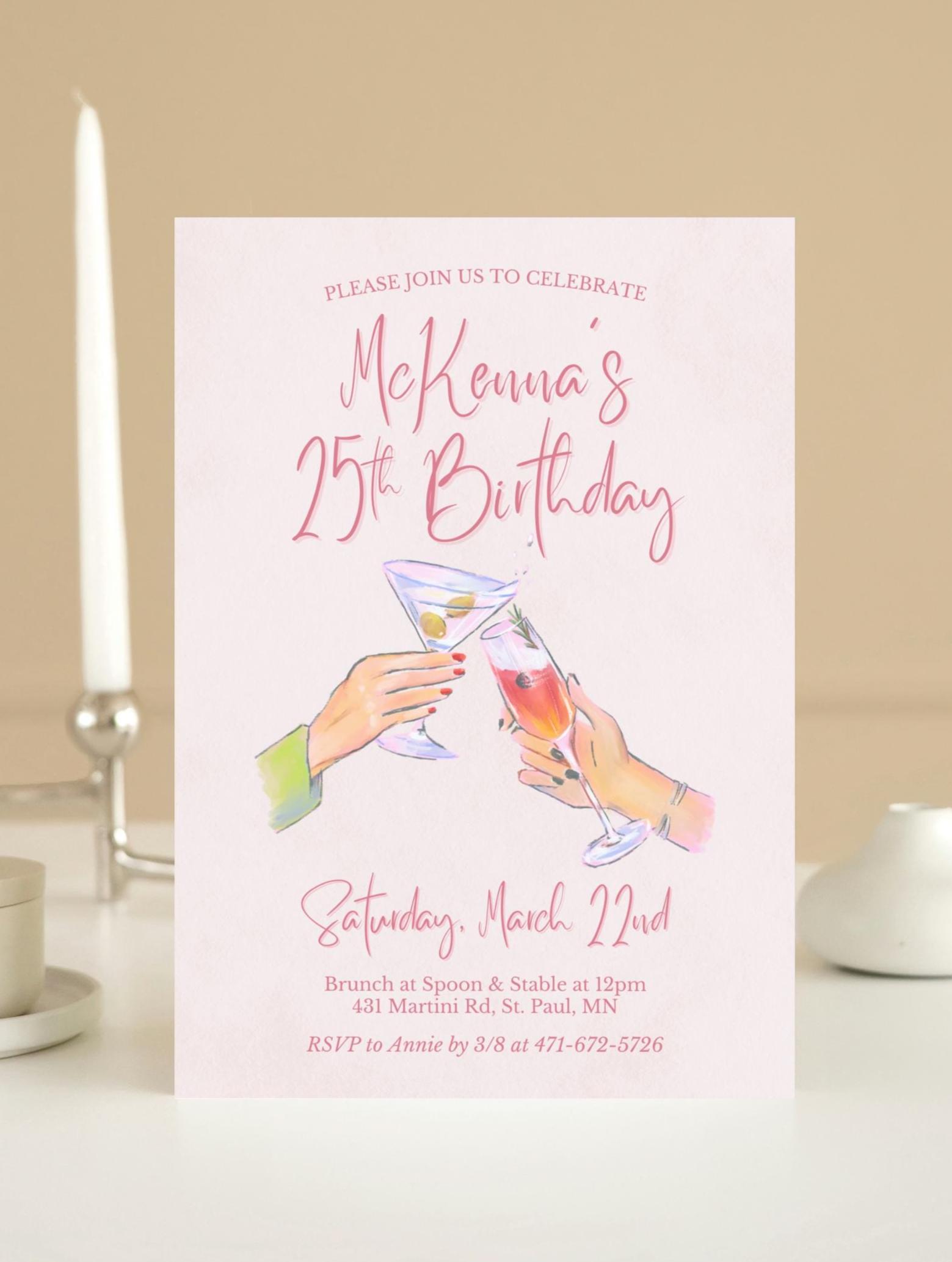 誕生日招待状テンプレート、乾杯カクテル、デジタル招待状または印刷物