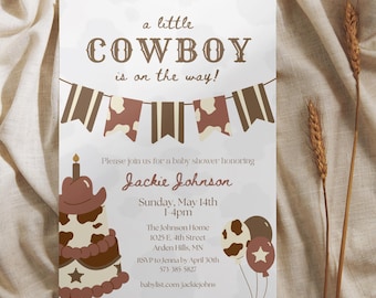 Kleine cowboy babyshower uitnodiging, western thema, bewerkbare canva digitale of afdrukbare sjabloon, rustiek land babyshower