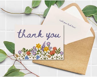 Printable 7x5 Digital Card, Editable Floral Thank You Card Template, Custom Thank You Card, Digital Download, Print at Home Postcard