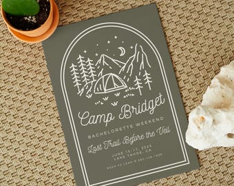 Invitación y itinerario de despedida de soltera en un campamento rústico, plantilla de Canva editable, descarga digital con tema de aventura al aire libre