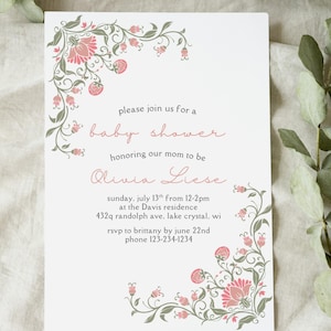 Plantilla de invitación para baby shower, diseño floral editable, digital o imprimible, tarjeta personalizable, diseño moderno.