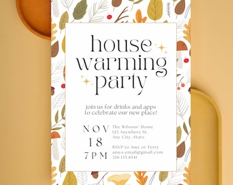 Editable Housewarming Party Invitation Template, Modern Canva Invitation, House Warming Party Digital Evite, Retro Minimalist, Autumn Icons