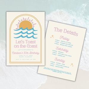 Peut inclure: Deux cartons d'invitation sur le thème de la plage. L'un dit "Let's Toast on the Coast" avec un soleil et des vagues. L'autre liste les détails de l'événement. Le texte comprend "Candace's 30th Birthday" et les horaires.