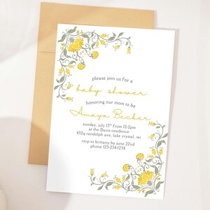 Plantilla de invitación para baby shower, diseño floral editable, digital o imprimible, tarjeta personalizable, invitación moderna