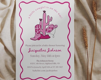 Cowgirl Baby Shower Invitation, Little Cowgirl Baby Shower Template, Western Baby Shower, Pink Cactus Theme, Canva Digital or Printable