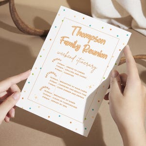 May include: A white card with the text "Thompson Family Reunion weekend itinerary" in a handwritten style font. The itinerary includes times and activities for Friday, Saturday, and Sunday, with colorful polka dots around the border.