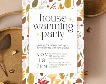 Editable Party Invitation Template, Modern Canva Invitation, House Warming Party Digital Evite, Retro Minimalist, Autumn Icons
