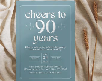 May include: A blue invitation card with white text announcing a 90th birthday party for Grandma Ruby. The party is scheduled for Friday, January 24th, 2025 at 5 PM. The invitation includes the address and RSVP information.