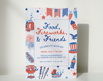 4th Of July Invitation, Party In The USA Invite, Independence Day Barbeque Invite, July Fourth Food Friends and Fireworks, Editable in Canva