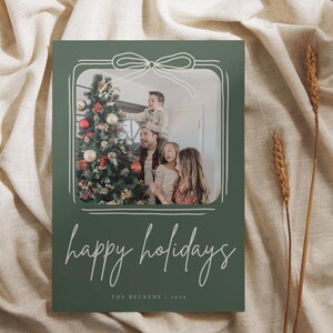 Christmas Bow Photo Holiday Card Template, Minimalist Happy Holidays, Simple Christmas Card, Boho Arch Holiday Card, Editable Template