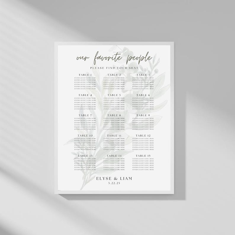 Modern Wedding Seating Chart Template, Greenery Editable Canva Design ...