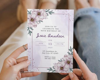 May include: Purple floral birthday invitation with a watercolor background. The invitation reads "Join us to celebrate the 90th birthday of Josie Amudsen" with the date and time of the event.