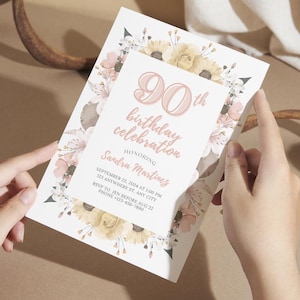 Bearbeitbare 90. Geburtstagseinladungsvorlage, druckbare Blumengeburtstagseinladung, Canva digitale oder druckbare Meilenstein-Partyeinladung