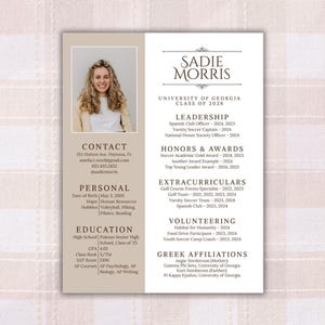 Può includere: Un modello di curriculum vitae con una foto di una donna con i capelli ricci. Il curriculum include informazioni di contatto, dati personali, istruzione, ruoli di leadership, onorificenze, attività extrascolastiche, volontariato e affiliazioni greche. Il documento è beige e bianco.