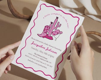 Babyshower kleine cowgirl, roze western babyshowersjabloon, bewerkbaar canvasontwerp, uitnodiging cowboycactus, afdrukbaar of digitaal