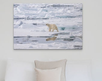Polar Bear with Reflection Art: Original Wildlife Photography Decor, Animal Photo Canvas
