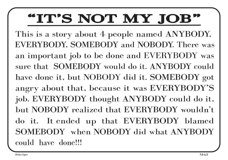 May include: A black and white sign with the text "IT'S NOT MY JOB" and a story about four people named Anybody, Everybody, Somebody, and Nobody. The sign is a humorous take on responsibility and delegation.