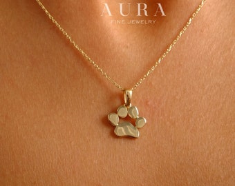 14K Gold Paw Print Necklace, Dog Paw Pendant Necklace, Engraved Pet Paw Print Charm, Pet Memorial Necklace, Personalized Paw, Gift