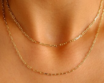 14K Gold Paperclip Chain Necklace, Italian Paperclip Choker, Dainty Gold Link Necklace, Rectangle Chain, Layering Necklace, Gift For Her