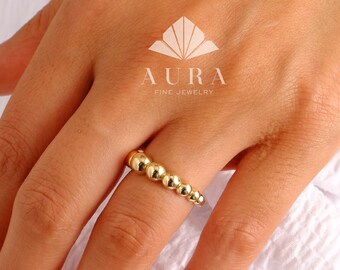 14K Gold PerlenRing, Gold Punkt Ring, zierlicher Gold Stapelring, Gepunkteter GoldRing, Gepunkteter Alltag, zierlicher Verlobungsring
