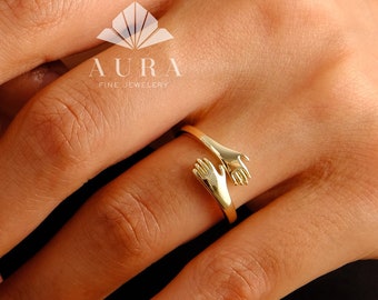 14K Gold Hug Ring, Hugging Hands Ring, Hug Gold Ring, Unique Love Dainty Hand Ring, Two Hand Gold Ring, Simple Handmade Ring, Gift For Her