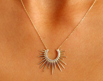 14K Gold Sunburst Necklace, Spikey Gold Sun Pendant, Crescent Necklace, Semicircle Dainty Charm, Celestial Layering Choker, Gift For Her