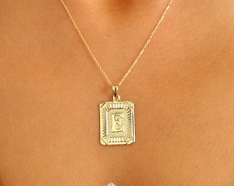 14K Gold Initial Halskette, Rechteck Buchstabe Anhänger, Retro Initial Halskette, Personalisierter Buchstabe, individuelles Geschenk für Sie
