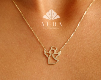 14K Gold Angel Necklace, Guardian Angel Pendant, Dainty Angel Necklace, Protection Jewelry, Angel Charm Necklace, Christmas Gift