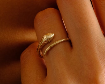 14K Gold Snake Ring, Dainty Serpent Ring, Wrap Around Snake Ring, Statement Rings for Women, Stackable Ring, Open Serpent Band, Gift For Her