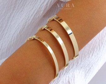 Bracelet en or à charnière en or 14 carats, bracelet large de 4 mm 5 mm 6 mm, bracelet jonc ovale en or personnalisé, manchette en or personnalisée, bracelet gravé empilable