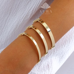 14K Gold Hinged Gold Bracelet, 4mm 5mm 6mm Wide Bracelet, Personalized Gold Oval Bangle Bangle, Custom Gold Cuff, Stacking Engraved Bangle