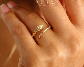 14K Gold Snake Ring, Open Snake Ring, Serpent Band Ring, Snake Head Tail Ring, Stacking Gold Ring, Wrap Around Snake Ring, Cuff Ring